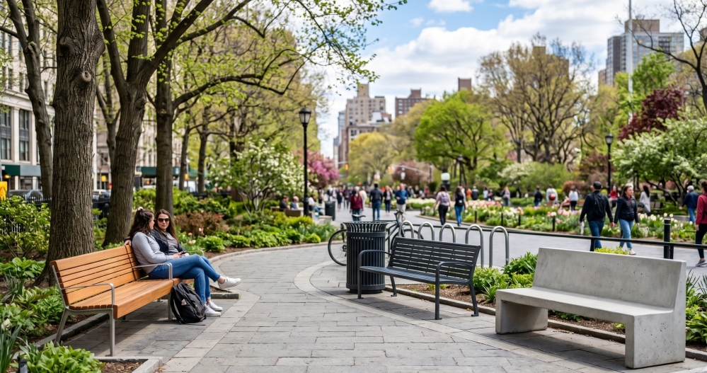 The best materials for outdoor benches: wood, metal, and concrete.