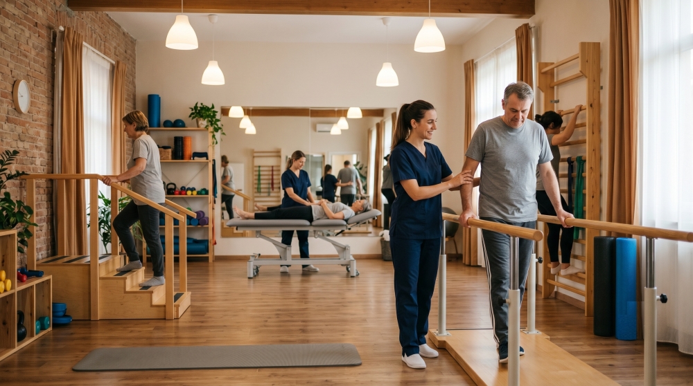 Rehabilitation gym setup: equipment and space organization