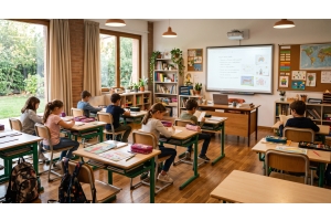 How to design a functional classroom with desks, chairs, and a teacher's desk