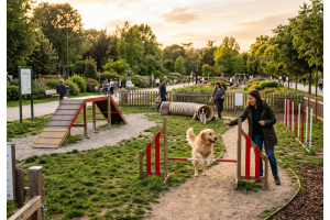 Agility dog obstacles: tunnel guidance, jumps, slalom and contact tools