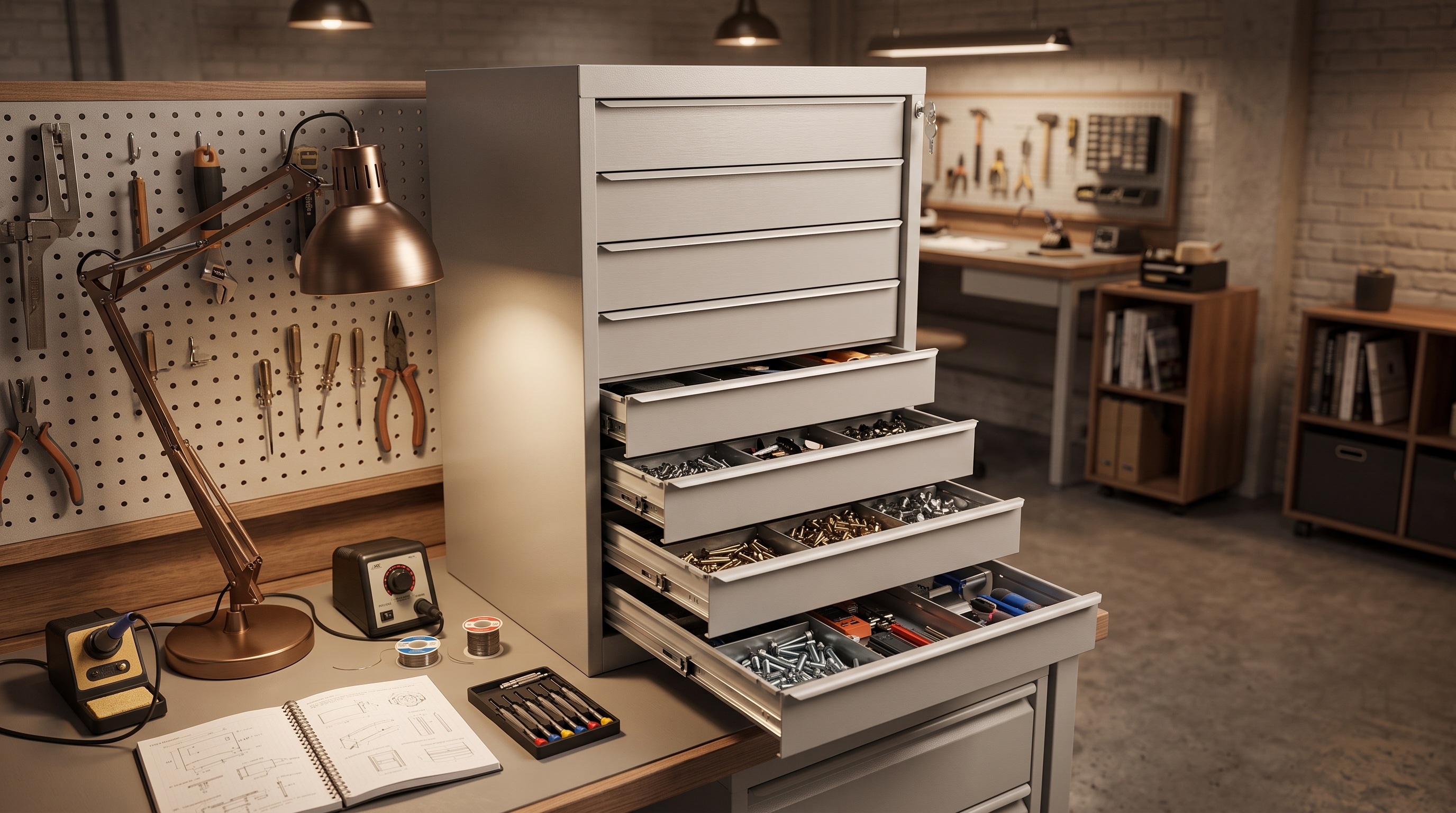 How to organize small parts and tools in the workshop: cabinets, drawers and storage systems
