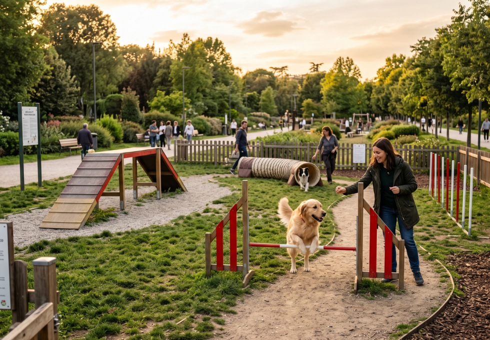 Agility dog obstacles: tunnel guidance, jumps, slalom and contact tools