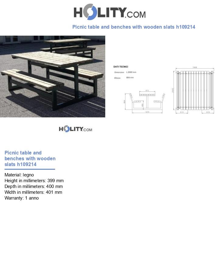 Picnic table and benches with wooden slats h109214