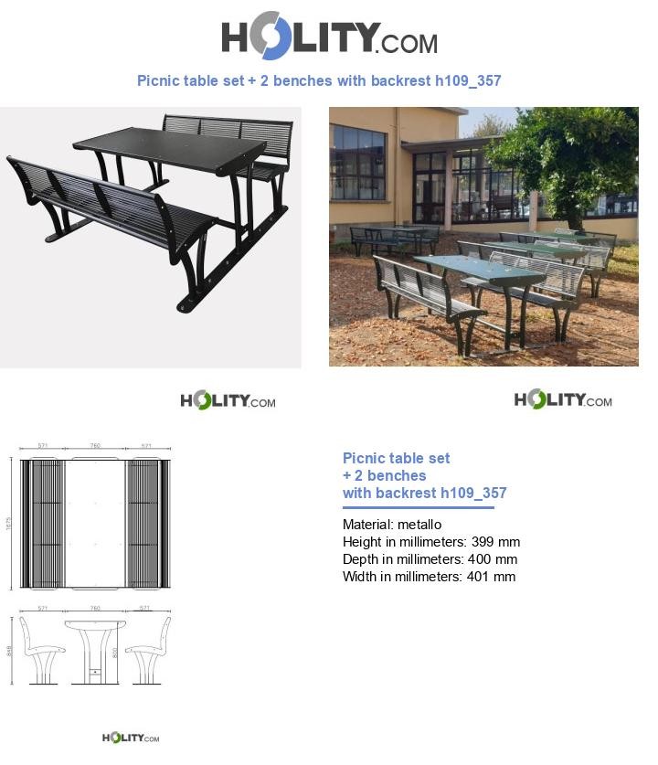Picnic table set + 2 benches with backrest h109_357