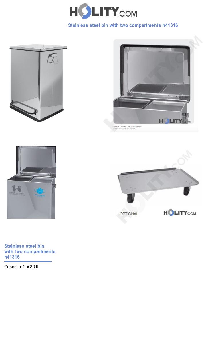 Stainless steel bin with two compartments h41316