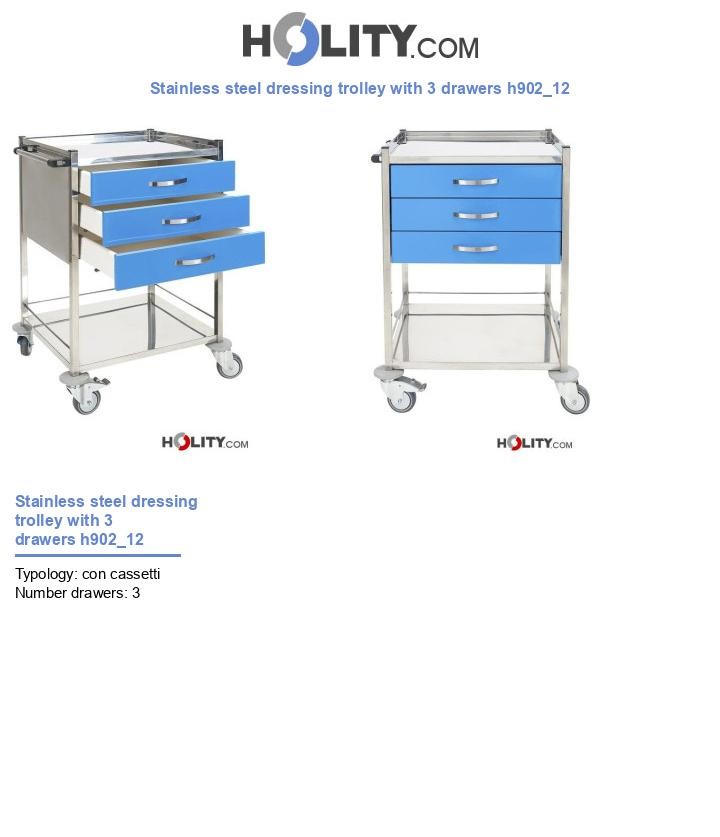 Stainless steel dressing trolley with 3 drawers h902_12